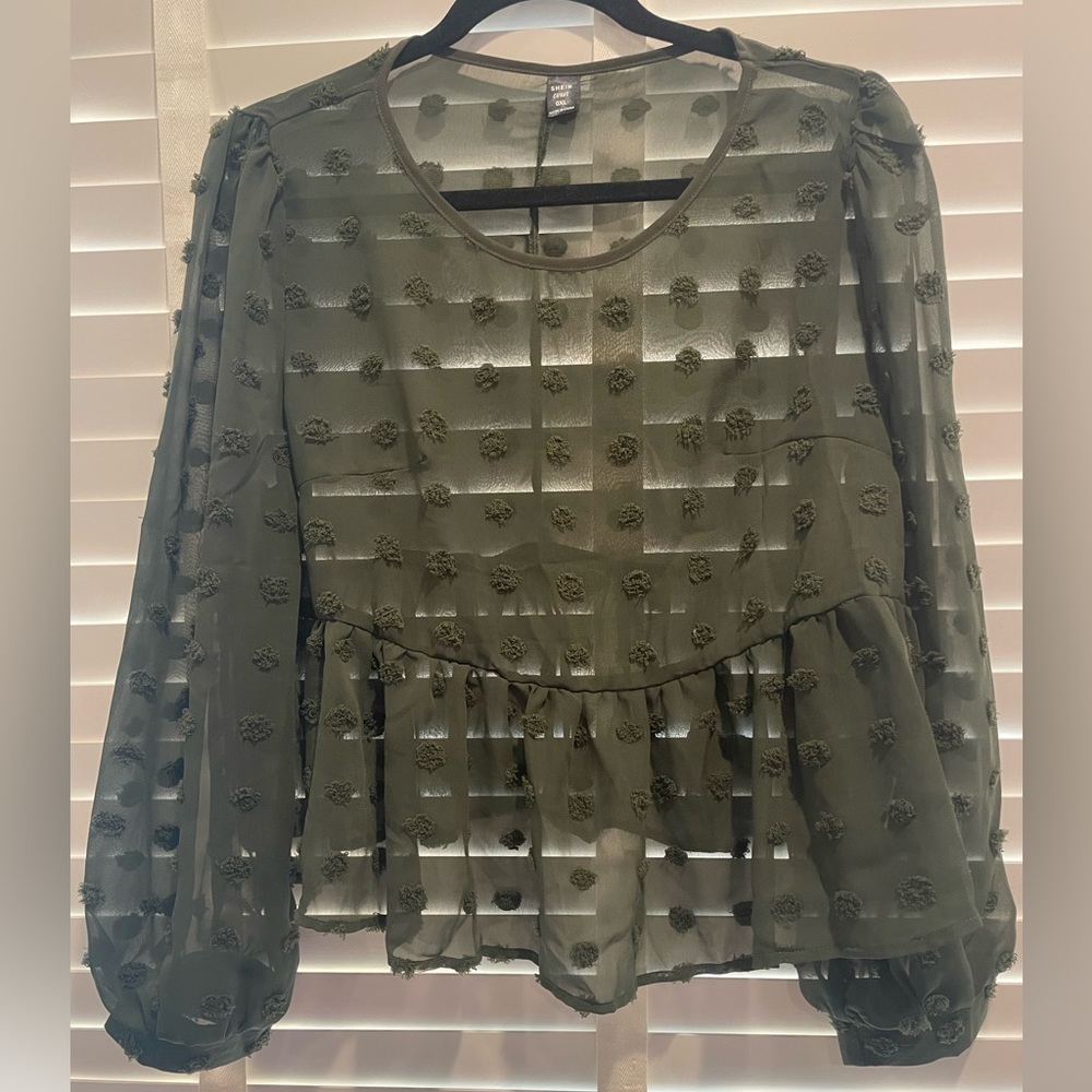 Sheer Green Long Sleeve Crop Top with Polka Dots, Size XL